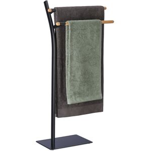 Free-Standing Towel Holder, HxWxD: 83.5 x 51.5 x 20cm, 2 Rails, Drying Stand, Rubberwood & Steel, Black/Brown - Relaxdays