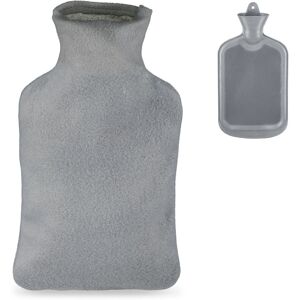 Hot Water Bottle, 2 Litre, with Cover, Children & Adults, Rubber, with Screw Cap, Pain Relief, Grey - Relaxdays