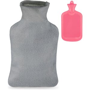 Hot Water Bottle, 2 Litre, with Cover, Children & Adults, Rubber, with screw cap, Pain Relief, Pink/Grey - Relaxdays