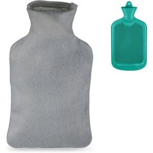 Hot Water Bottle, 2 Litre, with Cover, Children & Adults, Rubber, with Screw Cap, Pain Relief, Turquoise/Grey - Relaxdays