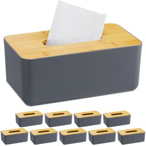 Set of 10 Tissue Boxes, Refillable, Bathroom, Dispenser, Bamboo Lid, Plastic, 10 x 23 x 13 cm, Grey/Natural - Relaxdays