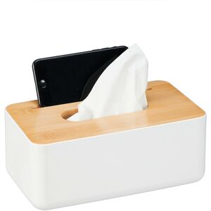 Tissue Box, Bamboo Lid, with Mobile Holder, Bathroom Paper Dispenser, HxWxD: 10 x 23 x 13 cm, White/Natural - Relaxdays