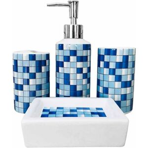 4 Piece Ceramic Bathroom Accessories Set Modern Design with Soap Dispenser, Toothbrush Holder, Tumbler, Soap Dish (Blue Mosaic) - Rhafayre