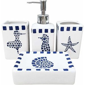 Set of 4 Ceramic Bathroom Accessories - Modern Design - Lotion Bottles, Toothbrush Holder, Tumbler, Soap Dispenser (Aquatic Creatures) - Rhafayre