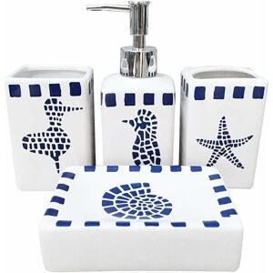 Set of 4 Ceramic Bathroom Accessories - Modern Design - Lotion Bottles, Toothbrush Holder, Tumbler, Soap Dispenser - Aquatic Creatures - Rhafayre