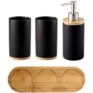 AOUGO Set of 4 Ceramic Bathroom Accessories Set, Toothbrush Holder, Soap Dispenser, Tumbler, Bamboo Tray(Black)