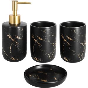 AOUGO Set of 4 Ceramic Bathroom Accessories with Soap Dispenser, Tumblers, Soap Dish (Black)