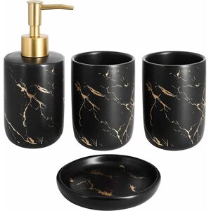 Set of 4 Ceramic Bathroom Accessories with Soap Dispenser, Tumblers, Soap Dish (Black) - Rhafayre