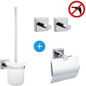 Tesa - Hukk Set Unwinder with cover + Toilet brush + 2 Towel hooks, easy installation without drilling, Chrome (40247-QUADRIO )