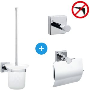 Hukk Set Unwinder with cover + Toilet brush + Towel hook, easy installation without drilling, Chrome (40247-TRIO ) - Tesa