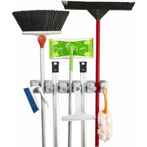 PESCE Wall-Mounted Broom Holder with 5 Slots and 6 Multi-Task Hooks