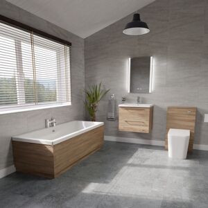 Wholesale Domestic - Finsbury 1700mm Straight Double Ended Bathroom Suite including Bordalino Oak Furniture Set with Polished Chrome Handles