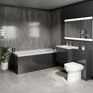 Wholesale Domestic - Quinn 1800mm Straight Single Ended Bathroom Suite including Gloss Grey Furniture Set with Polished Chrome Handles - Gloss Grey