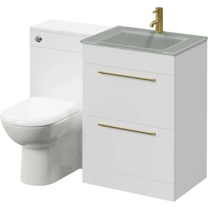 WHOLESALE DOMESTIC Venice Mono Gloss White 1100mm Vanity Unit Toilet Suite with Grey Glass 1 Tap Hole Basin and 2 Drawers with Brushed Brass Handles - Gloss White