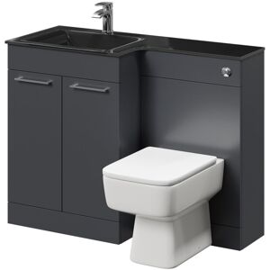 WHOLESALE DOMESTIC Venice Square Gloss Grey 1100mm Vanity Unit Toilet Suite with Left Hand Anthracite Glass 1 Tap Hole Basin and 2 Doors with Polished Chrome Handles