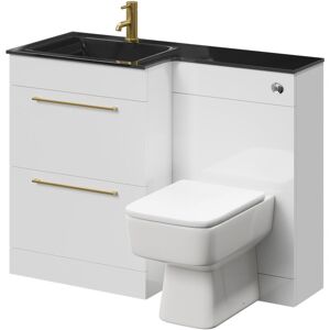 WHOLESALE DOMESTIC Venice Square Gloss White 1100mm Vanity Unit Toilet Suite with Left Hand Anthracite Glass 1 Tap Hole Basin and 2 Drawers with Brushed Brass Handles