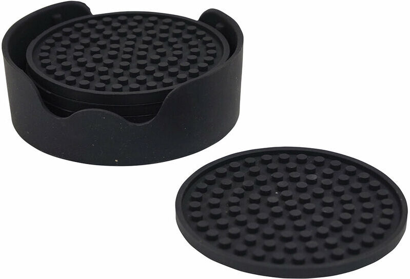 LOOPS Black Anti Slip Silicone Table Coaster Set - Six Cup Coasters and Holder