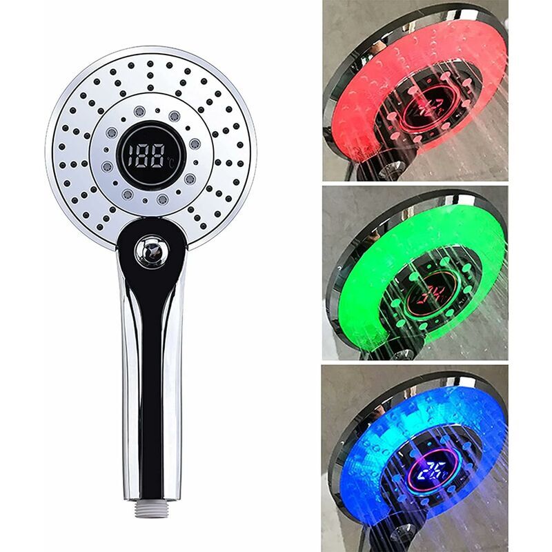 NORCKS LED Digital Shower Handheld Portable Hand Held Shower Tool Head with 3-Color Temperature Control LED Light 3 Spraying Modes Water-Saving