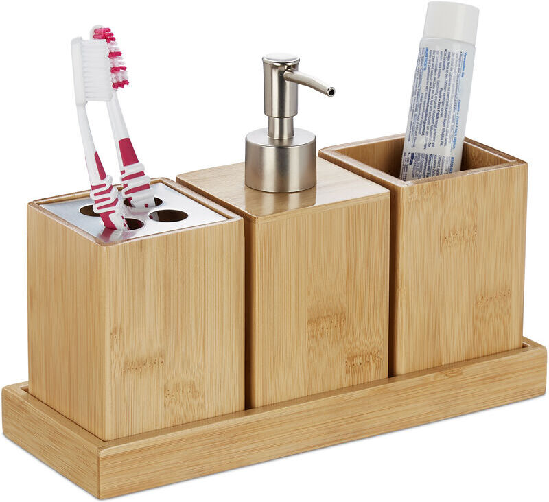 Bathroom Accessories Set, 4-piece, Bamboo & Steel, Soap Dispenser, Toothbrush Holder, Tumbler, Tray, Natural - Relaxdays