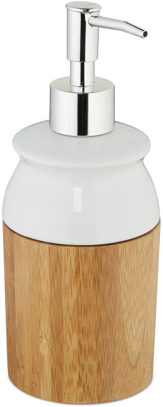 Relaxdays - Soap Dispenser, Refillable, Lotion Container with Pump, Bamboo & Ceramic, Bathroom, 225 ml, Natural/White