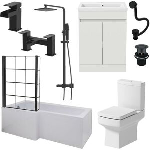 AQUARI Complete Bathroom Suite Black 1700 L Shape LH Bath Screen Vanity WC Shower Taps