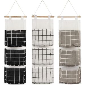 Linghhang - 3Pcs Hanging Storage Bag with 3 Pockets(Black/Grey/White), Fabric Wall Shelf Basket Storage Pouch Organizer for Bedroom Bathroom Kitchen