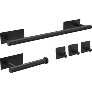 Mumu - 5-Piece Bathroom Accessory Set, Black Toilet Paper Holder, Towel Bar, Hooks, Wall Mounted or Self-Adhesive, No Drilling