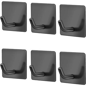 Linghhang - 6 Pieces Black Adhesive Hooks Stainless Steel Wall Hooks Rustproof, Oil-proof and Waterproof No Drilling Suction Cup Towel Holder