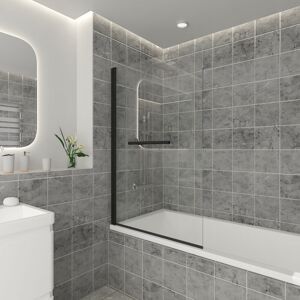 NRG - 800 x 1400mm Bathroom Square Bath Screen Reversible 6mm Easy Clean Glass Black with Towel Rail