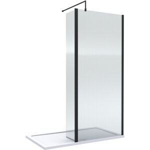 BALTERLEY 8mm Fluted Glass Walk In Wetroom Screen and Hinged Return with Black Profile and Shower Tray - 1400 x 900mm