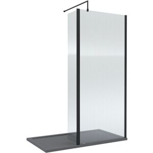 BALTERLEY 8mm Fluted Glass Walk In Wetroom Screen and Hinged Return with Black Profile and Grey Shower Tray - 1400 x 900mm