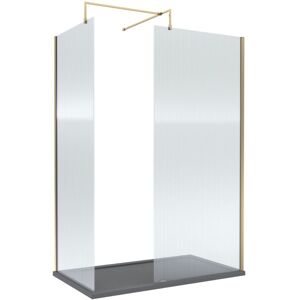 BALTERLEY 8mm Fluted Glass Walk In Wetroom Screen with Brushed Brass Profile and Slate Grey Shower Tray - 1400 x 900mm