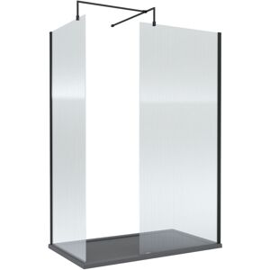 BALTERLEY 8mm Fluted Glass Walk In Wetroom Screen with Matt Black Profile and Slate Grey Shower Tray - 1400 x 800mm