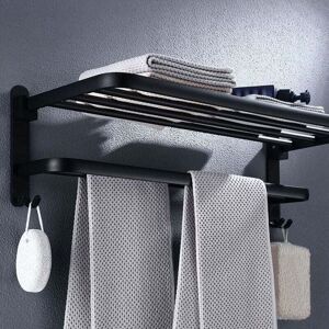YMYNY 90° Foldable Bathroom Towel Rack, Wall Mounted Towel Rail, No Drilling Towel Bar, 2 Tier Towel Holder with Shelf, Matte Black 60cm MUMU