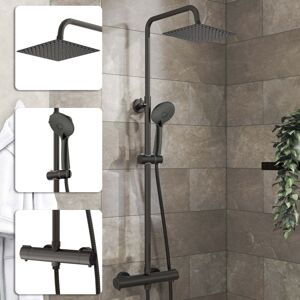 Acezanble - Bathroom Thermostatic Mixer Shower Set Round Matte Black Twin Head Exposed Valve