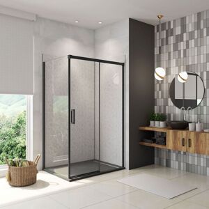 AICA SANITAIRE Aica 1200mm Black Slim Sliding Shower Door+800mm Side Panel+1200x800mm Slate Effect Stone Tray