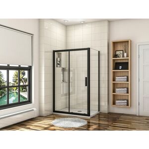 AICA SANITAIRE Aica 1000mm Sliding Shower Door Black Frame Shower Enclosures,800mm Side Panel,with 1000x800mm Stone Tray Waste Trap