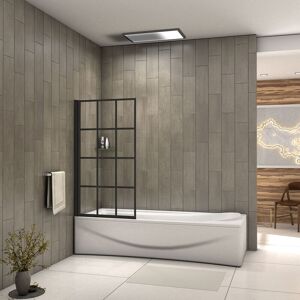Aica Sanitaire - Aica 800x1400mm Matt Black Frame Grid Black Silk Screen Pivot Shower Bath Screen