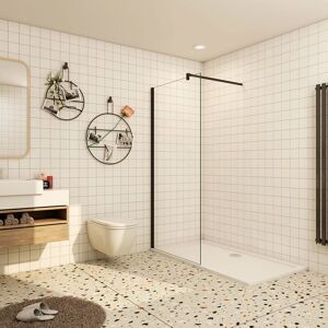 Aica Sanitaire - Aica Frameless Black Walk In Shower Screen 600mm with 1100x700mm Tray Waste