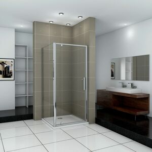 AICA SANITAIRE 1850mm Height Chrome 900mm Pivot Shower Enclosure Door + 800mm Side Panel + 900x800mm Tray Waste