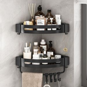 AlwaysH 2 Pieces No Drilling Shower Storage, Rustproof Corner Shower Gel Holder Bathroom with Towel Hooks, Bathroom Supplies