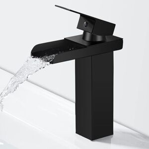 AlwaysH Modern Black Stainless Steel Bathroom Faucet, Waterfall Basin Mixer Tap, Basin Faucet with Spout Height 130mm, Cold & Hot Water Available