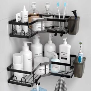 Alwaysh - Set of 2 Shower Shelf Bathroom Corner Shelf No Drilling Stainless Steel with 1 Toothpaste Holder 8 Hooks and 6 Adhesive Storage Black