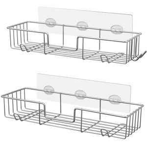 Shower Caddy, with 6 Hooks, Shower Shelf for Indoor Shower - Wall Mounted Stainless Steel Shower Holder, Set of 2 (Silver) - Alwaysh