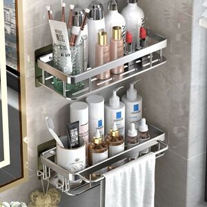 Alwaysh - Shower Shelf Without Drilling, Bathroom Shelf, Aluminum Shower Storage with 2 Hooks, with Towel Rail Self-Adhesive Shower Shelf