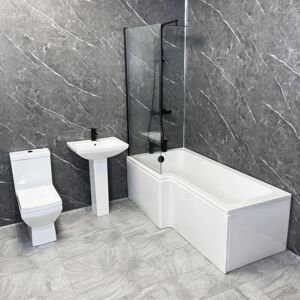 HYDROS Shower Bath Suite with Black Taps Screen Valve l Shaped Amara – Left Hand, With End Panel