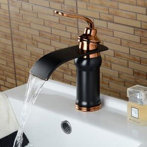 SHUNLI Antique Black Bronze Waterfall Bathroom Sink Faucet, Hot and Cold Brass, Black and Gold