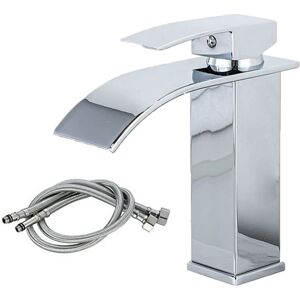 LINGHHANG Waterfall Sink Faucet, UPGRADE Modern Bathroom Mixer Tap, Brass Large Square Spout Faucet, Hot and Cold Water Available, Silver