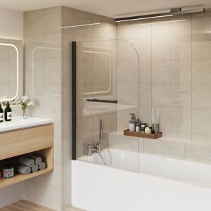 800x1400 Pivot Bath Shower Screen 6mm Easy Clean Glass Screen Reversible Door Panel Round Black with Towel Rail - Aquariss