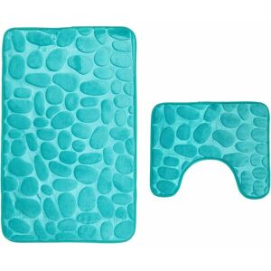 HOOPZI Bath mat, 2 pieces, non-slip, washable, bath mat set, bath mat and toilet mat, 80 x 50 cm, aqua